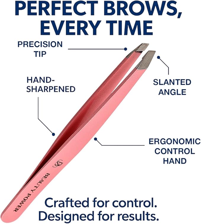 Beauty Power Slant Tip Precision Tweezers - Stainless Steel Eyebrow Tweezers for Women & Men - Precision Tweezers for Facial Hair, Ingrown Hair & Brow Shaping - Professional Beauty Tool (Pink)