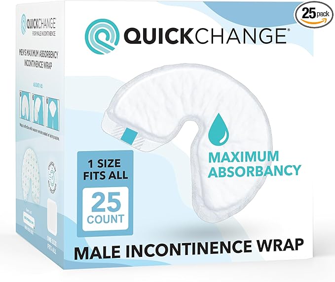 QuickChange Men’s Overnight Adult Incontinence Wrap (Pad), Maximum Absorbency, Holds 17oz Dry to The Touch, Disposable, Fragrance Free, One Size Fits All, Catheter Replacement, 25 Count (25)