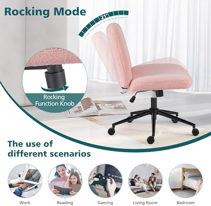 Criss Cross Chair with Wheels, Ergonomic Armless Swivel Comfy Vanity Seat, Wide Back Support and Adjustable Height for Home Office Bedroom Computer Gaming Makeup, Pink Velvet