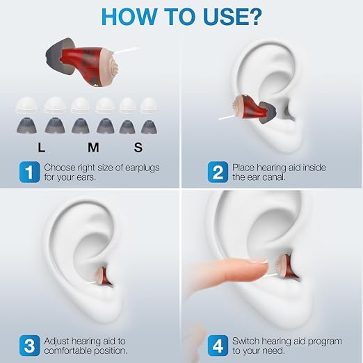 Hearing Aids Hearing Amplifiers for Seniors Rechargeable with Noise Cancelling Hearing Aid Loss Amplifier Seniors - Rechargeable with 48+ Hour Battery & Charging Case -Blue Red