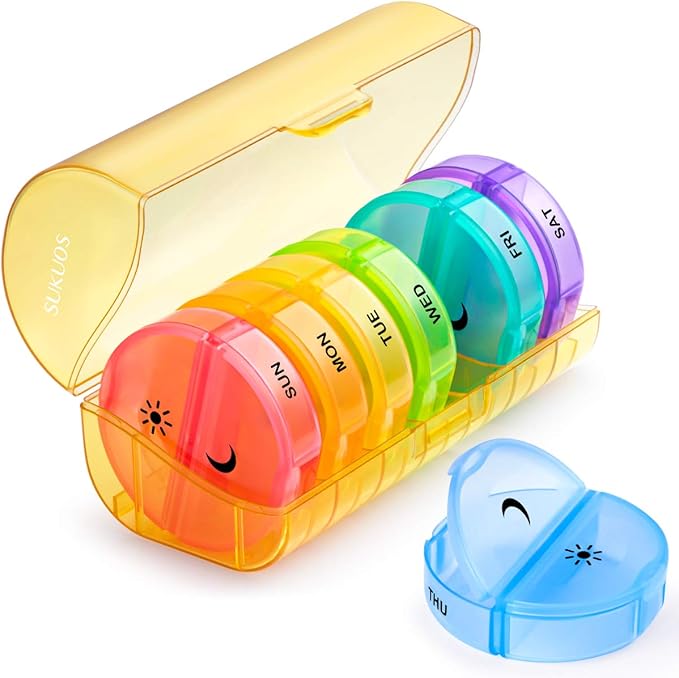 Sukuos Large Weekly Pill Organizer 2 Times a Day, Daily Pill Box 7 Day Easy to Open with Double Protection, AM PM Pill Case for Medicine/Vitamin/Fish Oil/Supplements (Yellow)