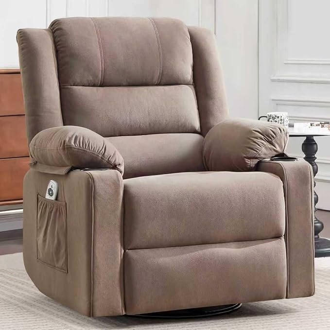 Ketaiyou Swivel Rocker Recliner Chair for Adults with Massage and Heat, Cup Holders and Side Pockets, Glider Rocking Reclining Single Sofa Chair for Living Room (Mocha2)
