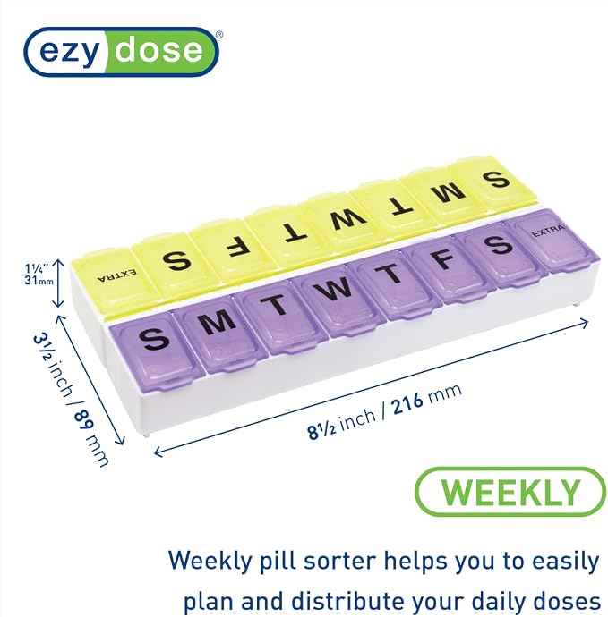 EZY DOSE Weekly (14-Day) Daily Pill Case, Medicine Planner, Vitamin Organizer, Supplement Container, 2 Detachable Weeks + Extra, Large Snap Compartments, Easy Open, Purple and Yellow, BPA Free