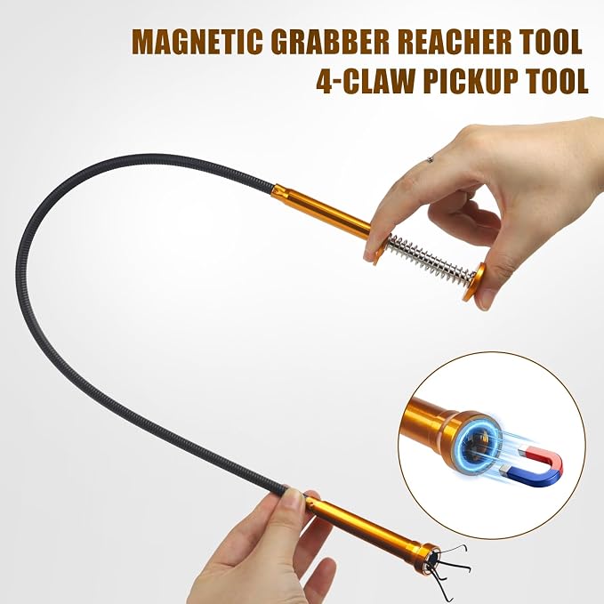 Flexible Grabber Tool, Magnetic 4-Claw Gripper (24", Orange) | Mechanic Pickup Tool with Spring-Loaded Handle; for Automotive, Engine Bay, Bathroom, Kitchen, Sewers, Drain, Small Spaces