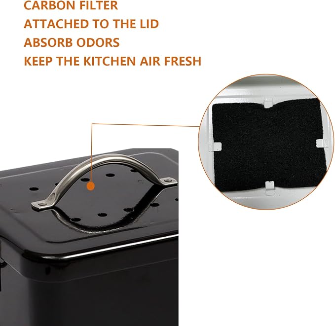 Stainless Steel Compost Bin for Kitchen Countertop Compost Bin，1 Gallon, Kitchen Trash Can -Includes Charcoal Filter，Compost Bucket Kitchen Pail Compost with Lid-Black
