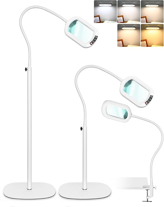 12X Rectangle Magnifying Glass with Light and Stand, 24" Flexible Gooseneck 3-in-1 Floor Lamp, 5 Color Modes Stepless Dimmable, LED Lighted Hands Free Magnifier for Reading Painting Close Work - White