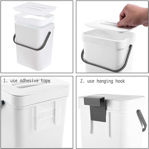 LALASTAR Compost Bin Indoor Kitchen Sealed, Hanging Small Trash Can with Lid Under Sink for Kitchen, Food Waste Bin for Countertop, Mountable Garbage Can for Bathroom, RV, 5L/1.3 Gal, White
