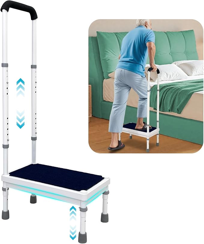 Medical Step Stool with Handle for Elderly Bed Side Stools for High Beds Adult Seniors Safety Bedside Steps Adjustable Heavy Duty Stepping Stool Metal Platform RV Bathtub Car Bedroom Assist (17.8")