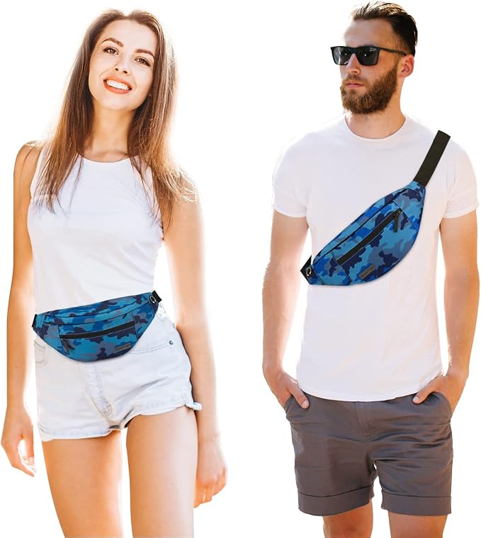 MAXTOP Camo Blue Fanny Pack for Men Cross Body Bag Carrying All Phones | 4-Zipper Pockets,Polyester,Adjustable Straps,Headphone Jack,Ideal Gift for Outdoor Hiking Running