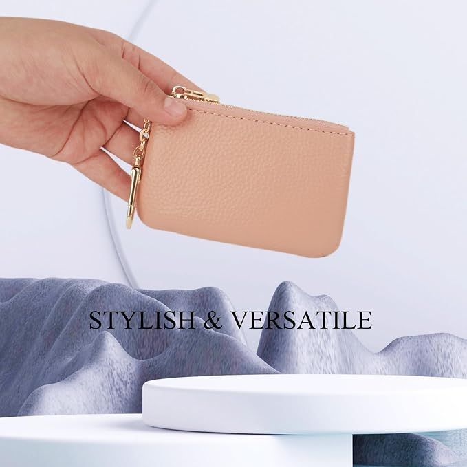 Full Grain Leather Coin Purse with Key Chain - Small Change Purse Keychain Card Holder Keychain Pouch Small Keychain Wallet for Women and Men (Pink)