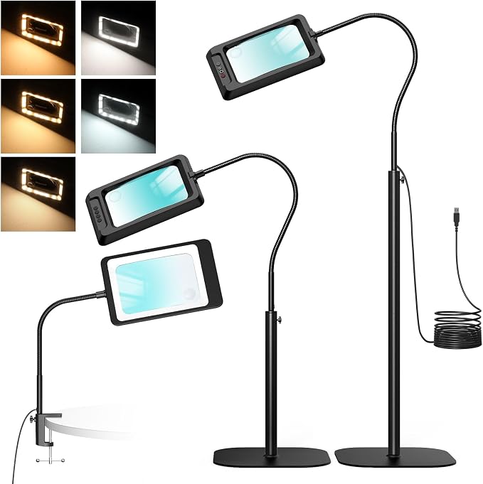 MoKo 10X Floor Magnifying Glass with Light and Stand, 7-Inch Lens | Floor magnifying lamp has a flexible gooseneck, 60 LEDs, 5 color modes and a 3-in-1 floor or desk design.