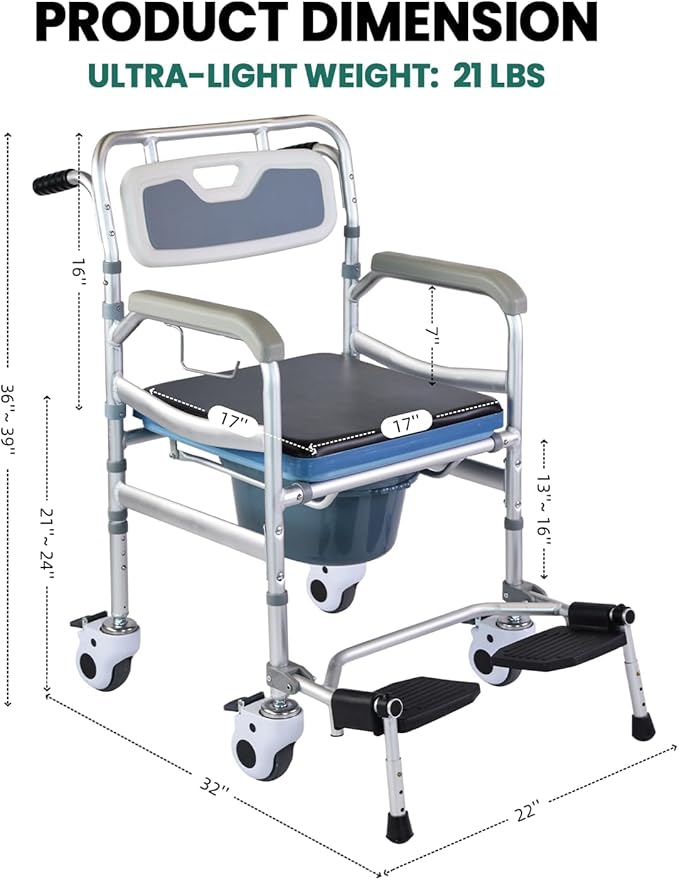 4-in-1 Floding Bedside Commode Chair, Rolling Shower Wheelchair with Arms, 4 Lockable Wheels, Detachable Bucket, Toilet Brush, Height Adjustable & Flip-up Footrest, Padded Mobile Toilet Chair