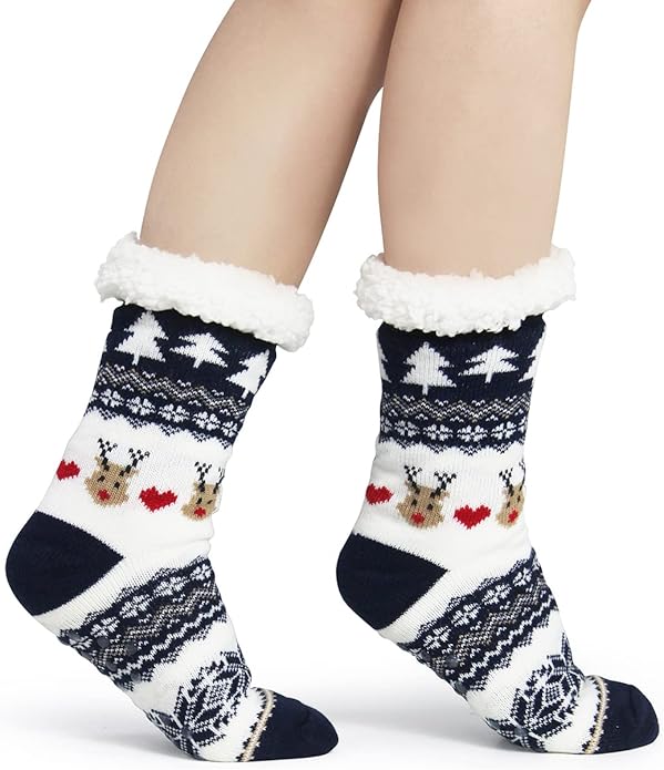 Slipper Socks for Women with Gripper - Winter Non Slip Thick Fuzzy Socks - Warm Cozy Christmas Gift