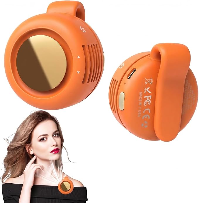 Portable Silent Mini Bladeless Fan Clip On, Small Fan Clip on for Shirt & Waist, Adjustable 3-Speed Suspended Whirlwind Fans, For Outdoor & Travel & Office, Travel Accessories, Gift (Orange)