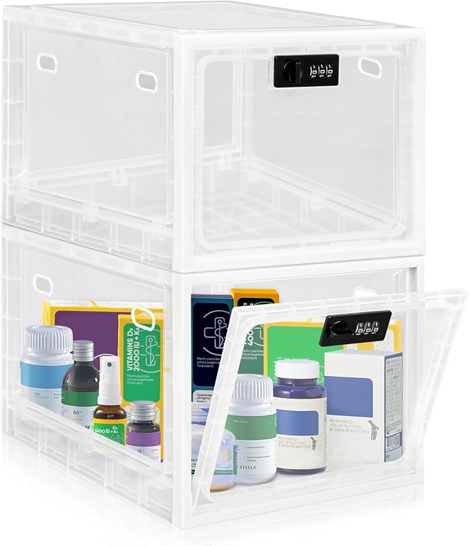Medication Lock Box with Code, 12.6L Large Lockable Storage Box for Medicine, Snacks, Phone, and Electronics - BPA-Free, Clear Design with Charger Holes for Home, Office, Dorm, and Fridge