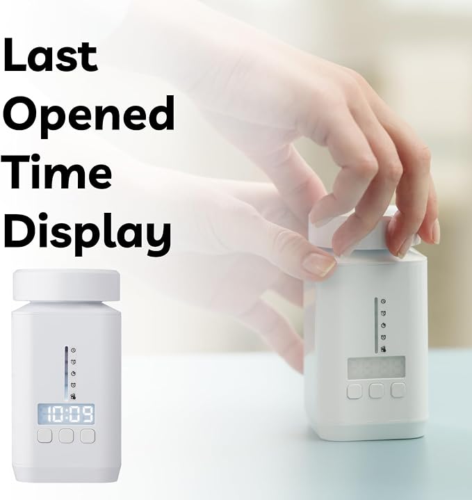DEFI Smart Pill Bottle - Bluetooth Medication Reminder with Sound & Light Alarm, LED Time Display, Auto Dose Tracking App, 1-Year Battery, Travel Pill Organizer for Vitamins & Supplements
