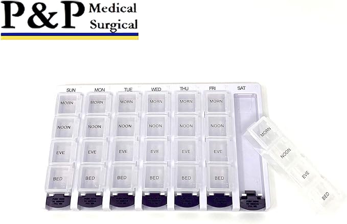 Weekly AM/PM Pill Box Portable Travel Prescription & Medication Pill Case Organizer by P&P MEDICAL SURGICAL (7-Day / 4-Times-A-Day) with Removable Compartments and Moisture-Proof Design