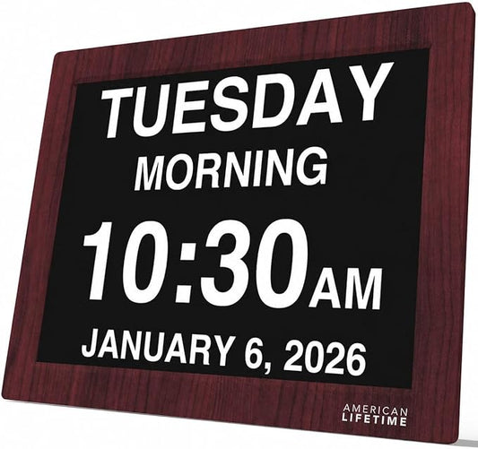 American Lifetime New 2026 Dementia Clock Large Digital Clock for Seniors, Alzeimer Clock Large Display with Custom Alarms, Clock with Day & Date for Elderly, Digital Calendar Mahogany, 15 Inch