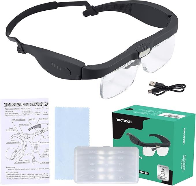 Magnifying Glass with Light, Magnifying Glasses with 5 Detachable Lenses 0.75X-4.0X, Rechargeable Magnifier Headset with 3 LED Lights, Head Magnifier Glasses for Close Work Crafts Jewelry Hobbies
