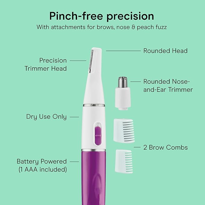 Conair Precision Eyebrow and Facial Trimmer for Women | Pain-free Precision Groomer with Attachments for Eyebrows, Face, Nose, and Ears, White/Purple, LLT2LLW
