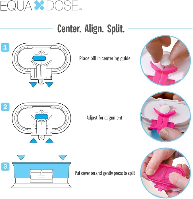 EQUADOSE Precision Pill Splitter with Centering Guide, Dual Stainless-Steel Blades for Small & Large Tablets, Accurate Halves & Quarters for Medication, Vitamins and Pet Pills, Pink