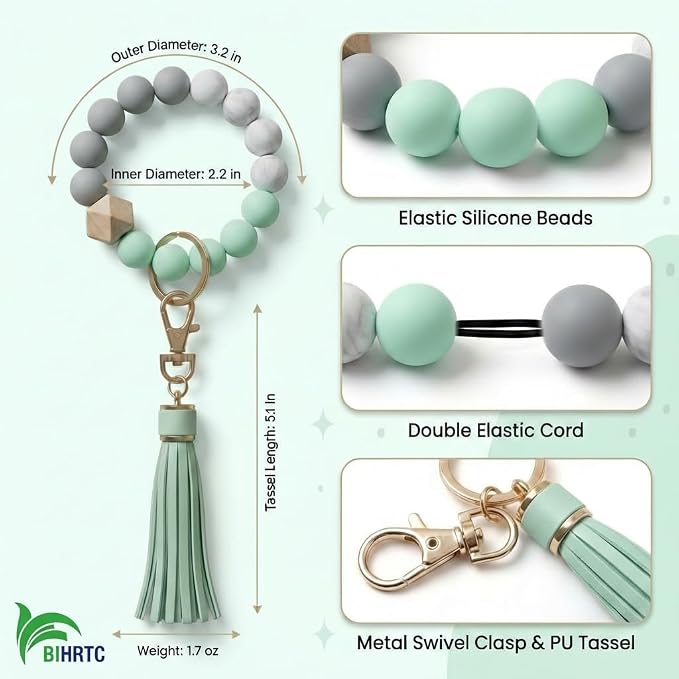 BIHRTC Key Ring Bracelet Car Keychain Holder Wristlet Silicone Women Beaded Bangle Chains
