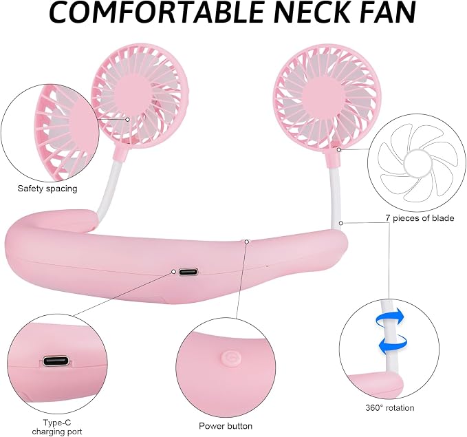 Haomaomao Portable Neck Fan 2500 mAh Rechargeable USB Hands-Free Mini Face Cooling Personal Double Headed Rotatable Small Fan for Working Office Reading Traveling Outdoor Sport