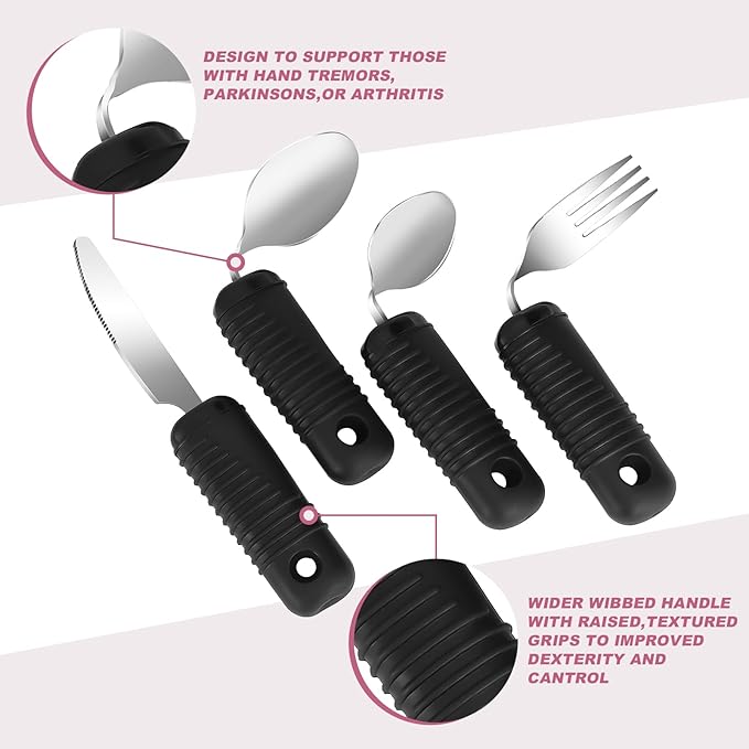 Adaptive Utensils,Easy Grip Silverware,Built Up Bendable Fork,Teaspoon,Tablespoon and Knife for Elderly,Hand Tremors,Arthritis and Parkinson's Patients,4 Piece Set