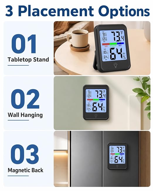Indoor Thermometer Hygrometer, Temperature Humidity Monitor with Max/Min Records, 10-Second Backlight, Wall/Tabletop for Home, Office & Greenhouse