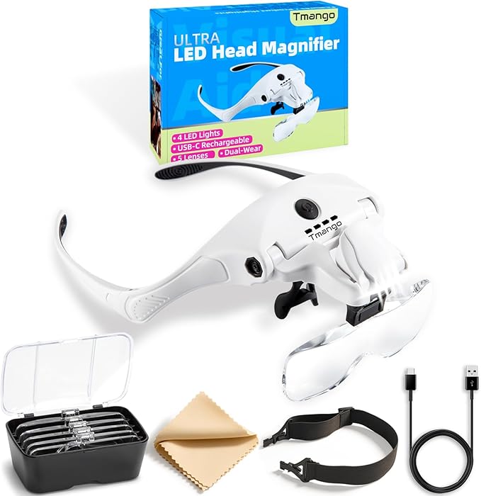 Rechargeable Head Magnifier with 4 LED Lights and 5 Lenses – Hands-Free Magnifying Headset for Close Work, Jewelry, Crafts, Eyelash Extensions, Magnifying Glasses Alternative