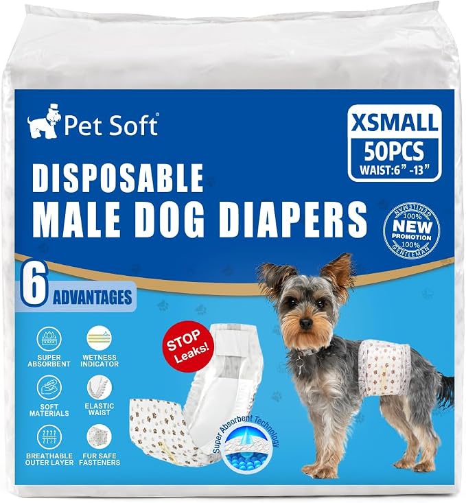 Pet Soft Dog Diapers Male - Disposable Male Dog Wraps Wetness Indicator, Ultra Absorbent Doggie Diapers Comfortable for Incontinence Excitable Urination, 50pcs XSmall