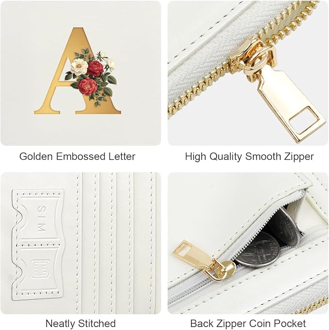Passport Holder for Travel Personalized Wallet with Wristlet Women | All-in-One Passport Cover, RFID Blocking, Back Coin Pocket, Paper Money Slot, Zipper Closure, Roses Initial Letter, White A