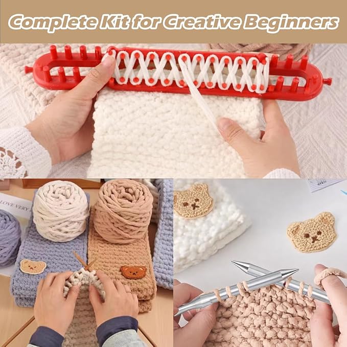 Novelchet Scarf Knitting Loom Kit for Beginners with Plush Yarn Khaki | Knitting Loom Set Knitting Needle and Circular Needle for Scarf, Best Gift