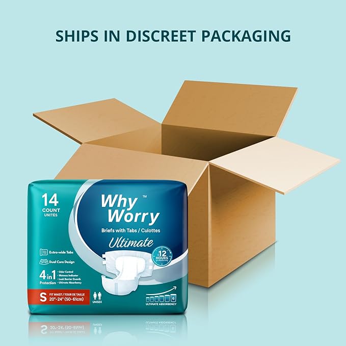 WhyWorry Ultimate Adult Diapers for Men and Women, Disposable Adult Briefs with Tabs for Incontinence, Unisex Incontinence Briefs with Tabs, Ultimate Absorbency, Odor Control, Small, 14 Count