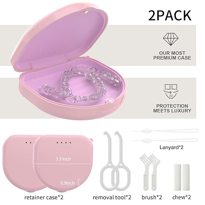 2 Pack Retainer Case, Slim Aligner Case with Vent Holes and Silicone Liner, Compatible with Invisalign, Includes Removal Tool, Brush, Chews, Pink