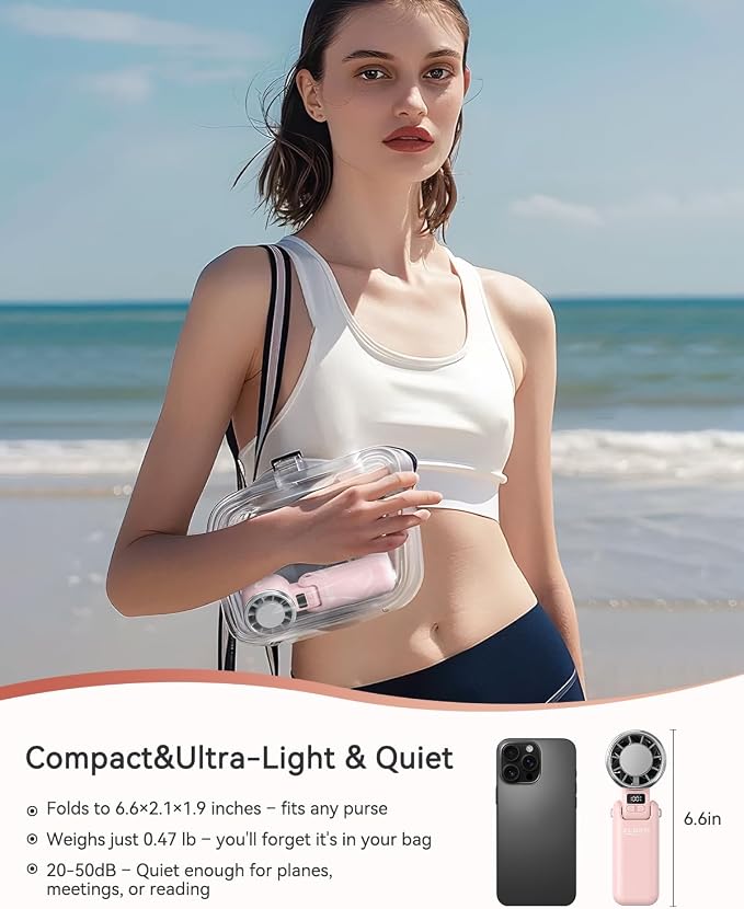 Portable Fan, Handheld Fan, Small Fan with Turbo & Ice Cooling, Hand Fan 5-Speed 4000mAh Rechargeable, 3-in-1 Foldable Personal Travel Fan, Lightweight for Beach Vacation, for Women Girl-Pink
