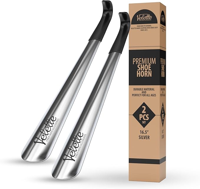 Velette Long Shoe Horn for Seniors - 2 Pack 16.5" Metal Shoe Horn Long Handle for Seniors, Men, Women & Kids - Boot Horns, Shoehorn Long-Handle, Elderly Must Haves - Shoes Spoon, Gifts for Elders