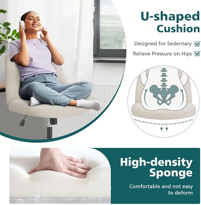 Criss Cross Chair with Wheels, Ergonomic Armless Swivel Comfy Vanity Seat, Wide Back Support and Adjustable Height for Home Office Bedroom Computer Gaming Makeup, Beige Fabric