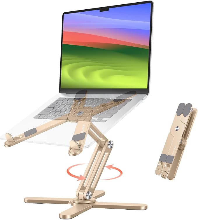 OMOTON LA10 360° Rotating Laptop Stand Riser Foldable for Desk, Gold | Aluminium Aolly, Adjustable Height Angles, Collaborative Work, Easy Storage, Fits Laptops up to 17", for MacBook Pro/Air HP