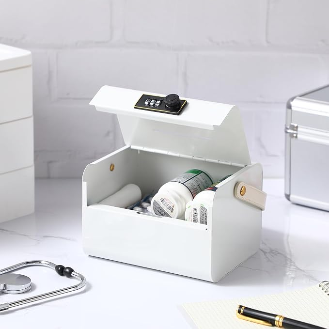 Honeydak Lock Box for Medication Metal Small Medicine Safe Pill Storage Box Portable Medicine Organizer with Combination Code and Handle for Refrigerator Fridge First Aid(White)