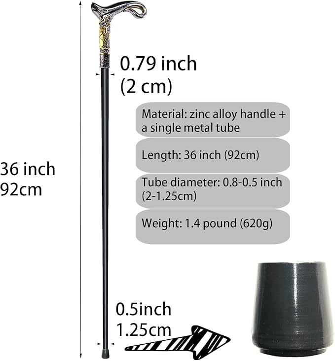 Walking Cane for Men & Women & Seniors - 36.5 Inch Heavy Duty 500+ lbs Capacity, Ergonomic Handle, Decorative & Ornate Design, Gothic & Goth Elegant Matte Black & Gold Artistry, Metal Cane