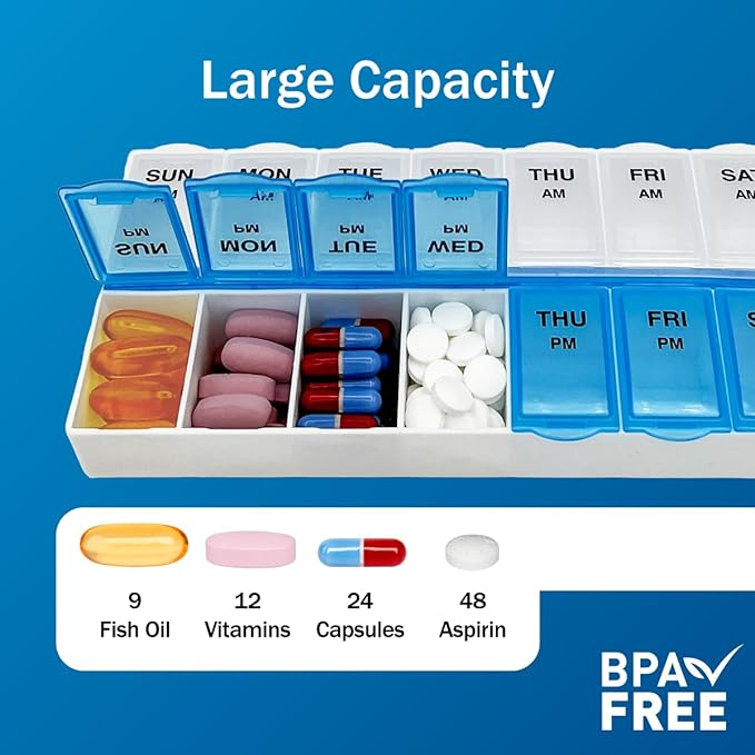 Amazon Basic Care 7-Day AM/PM Pill Organizer | Large Compartments | 2 Times Daily | Blue Clear Lids | Pack of 2