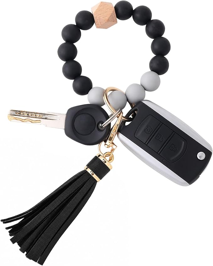 BAOSIWA Silicone Beaded Bracelet Keychain Wristlet Key Ring Bangle Chains for Women with Leather Tassel