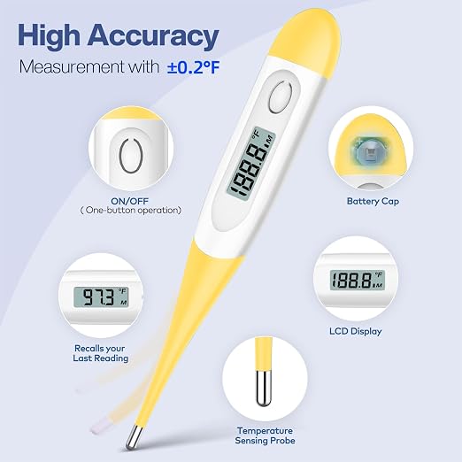 Boncare Digital Thermometer for Adults, Kids & Babies, Yellow | Accurate & Safe Oral and Rectal Thermometer with 10-Second Reading and Fever Alarm