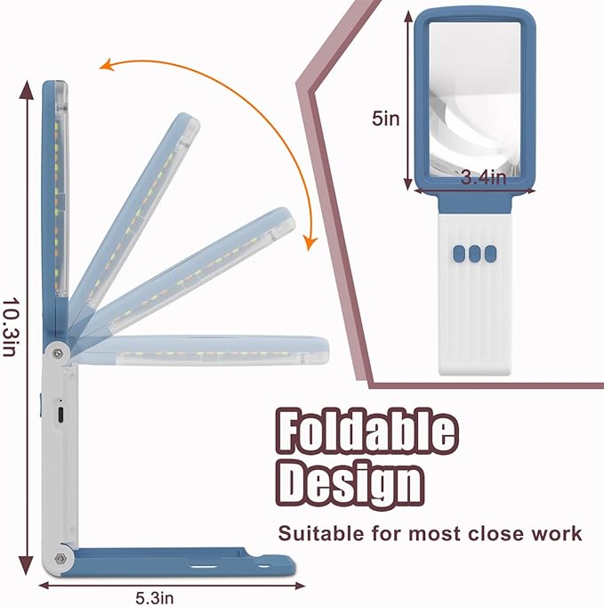 10X Magnifying Glass with Light and Stand, Real Glass Lens, Rechargeable Foldable Handheld Magnifier, 3 Color Modes Dimmable Lighted Page Magnifier for Reading Fine Prints, Seniors - Blue White