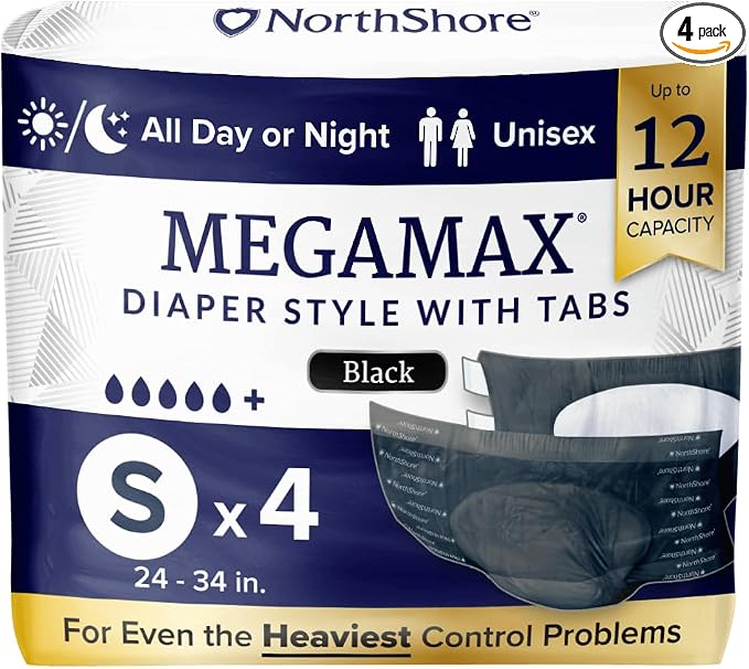 NorthShore MegaMax 12-Hour HBL Adult Diapers for Heavy Bladder Leaks, Small, 4 Count, Black, 24-34 inches, Tab-Style Incontinence Underwear for Men, Women & Teens