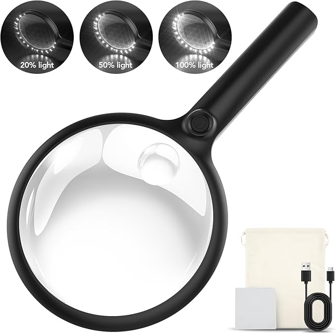 2000mAh Rechargeable Magnifying Glass with Light, 5X/10X Large Handheld Lighted Magnifier, 24 LEDs, 3 Light Modes, Reading Aid for Seniors & Low Vision (Black)
