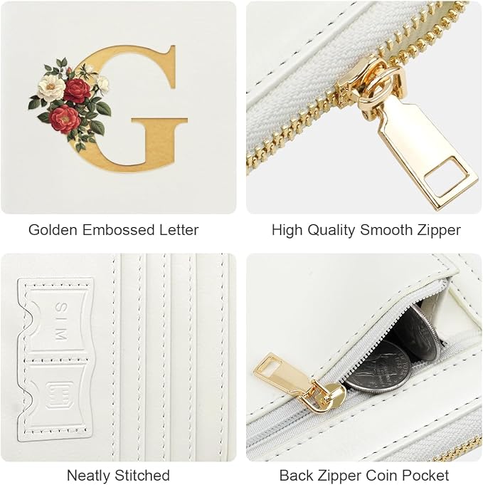 Passport Holder for Travel Personalized Wallet with Wristlet Women | All-in-One Passport Cover, RFID Blocking, Back Coin Pocket, Paper Money Slot, Zipper Closure, Roses Initial Letter, White G