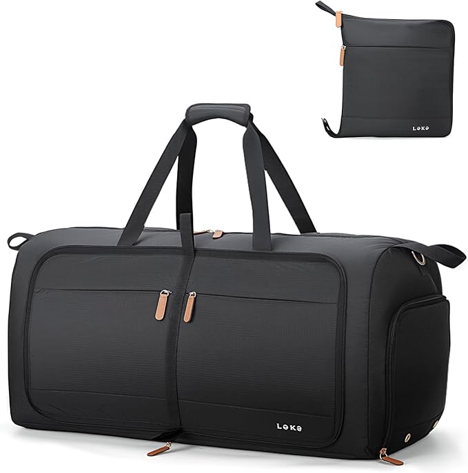 Lekesky Foldable Travel Duffle Bag for Women, 80L Large Duffel Bag with Separate Shoes Compartments & Straps, Carry On Weekend Bag for Women, Hospital, Overnight (Black)