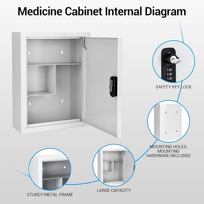 Locking Medicine Cabinet with Combination Lock and Safety Key | Rust-resistant galvanized steel, wall mounted first aid storage for bathroom, home, office and school